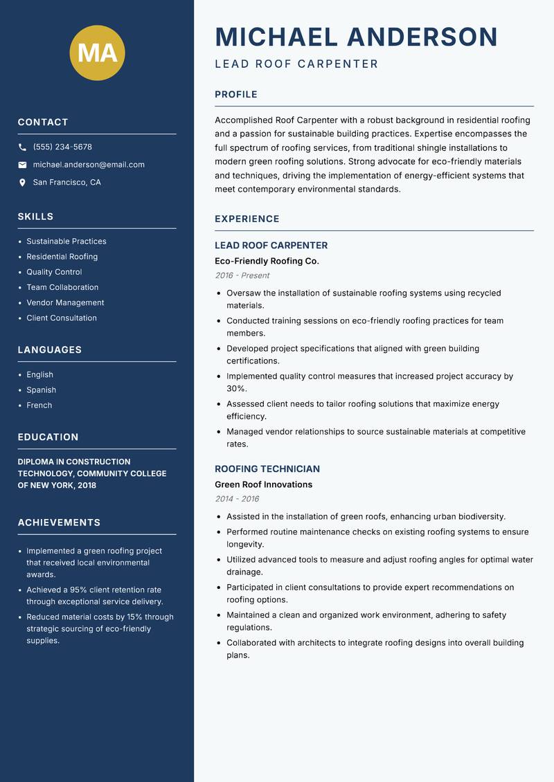 Roof Carpenter Resume Preview Example