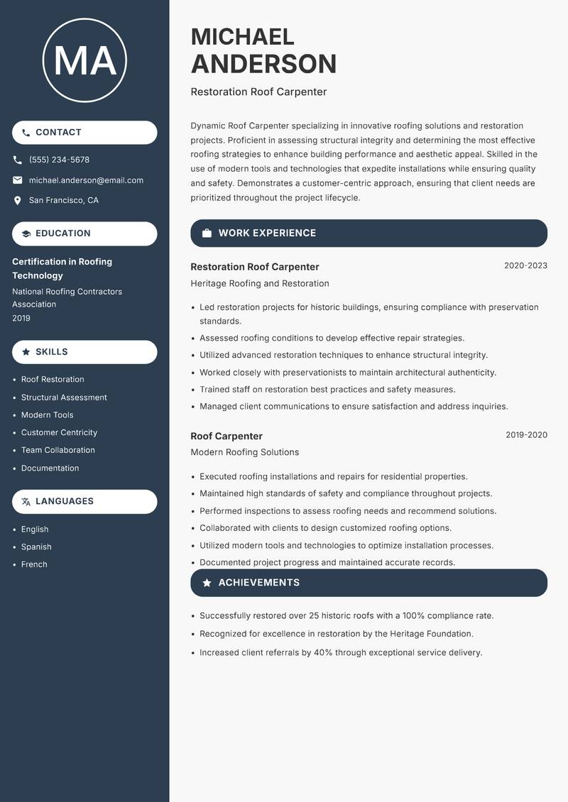 Roof Carpenter Resume Preview Example