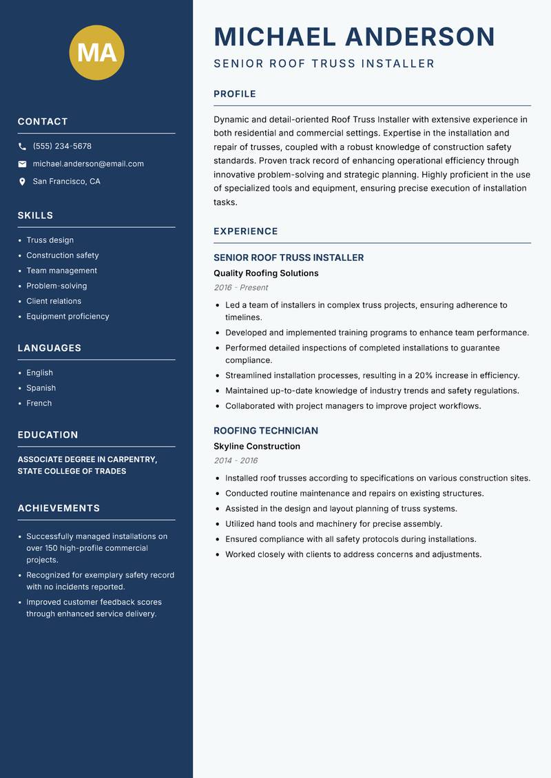 Roof Truss Installer Resume Preview Example