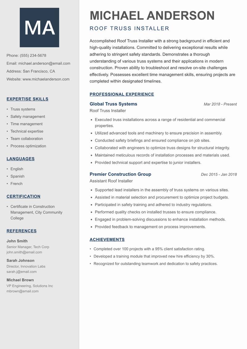 Roof Truss Installer Resume Preview Example