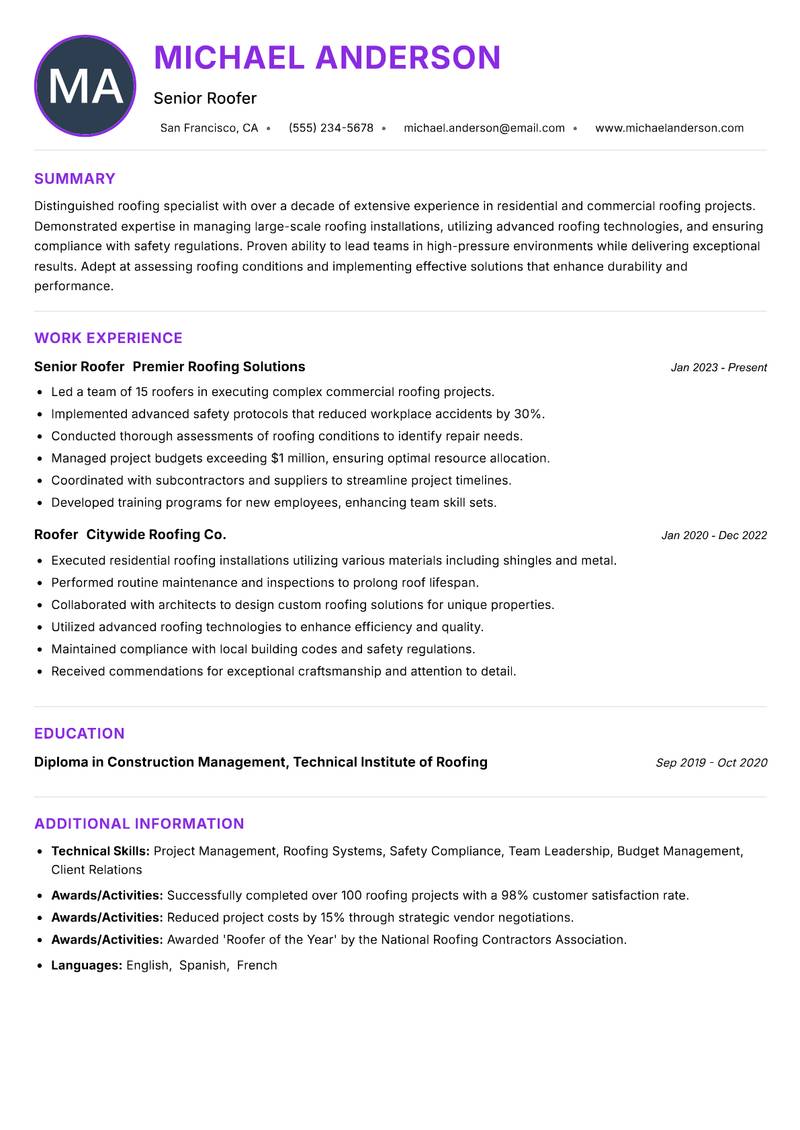 Roofer Resume Preview Example