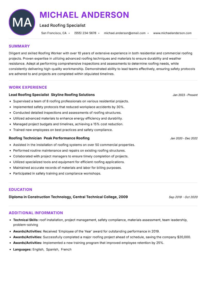 Roofing Worker Resume Preview Example