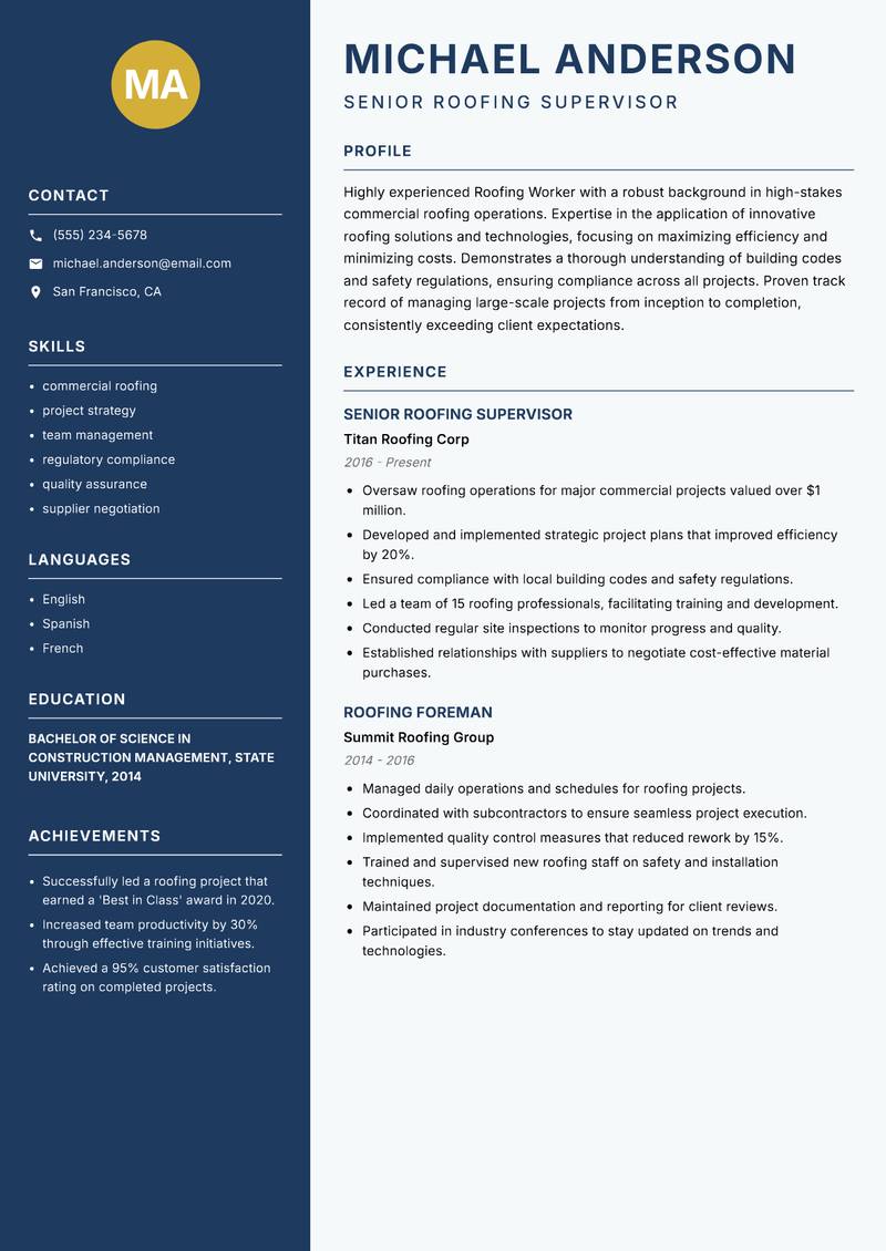Roofing Worker Resume Preview Example