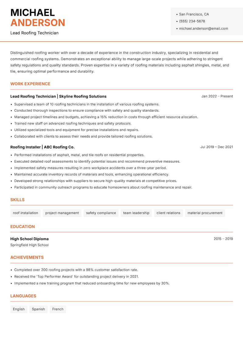 Roofing Worker Resume Template