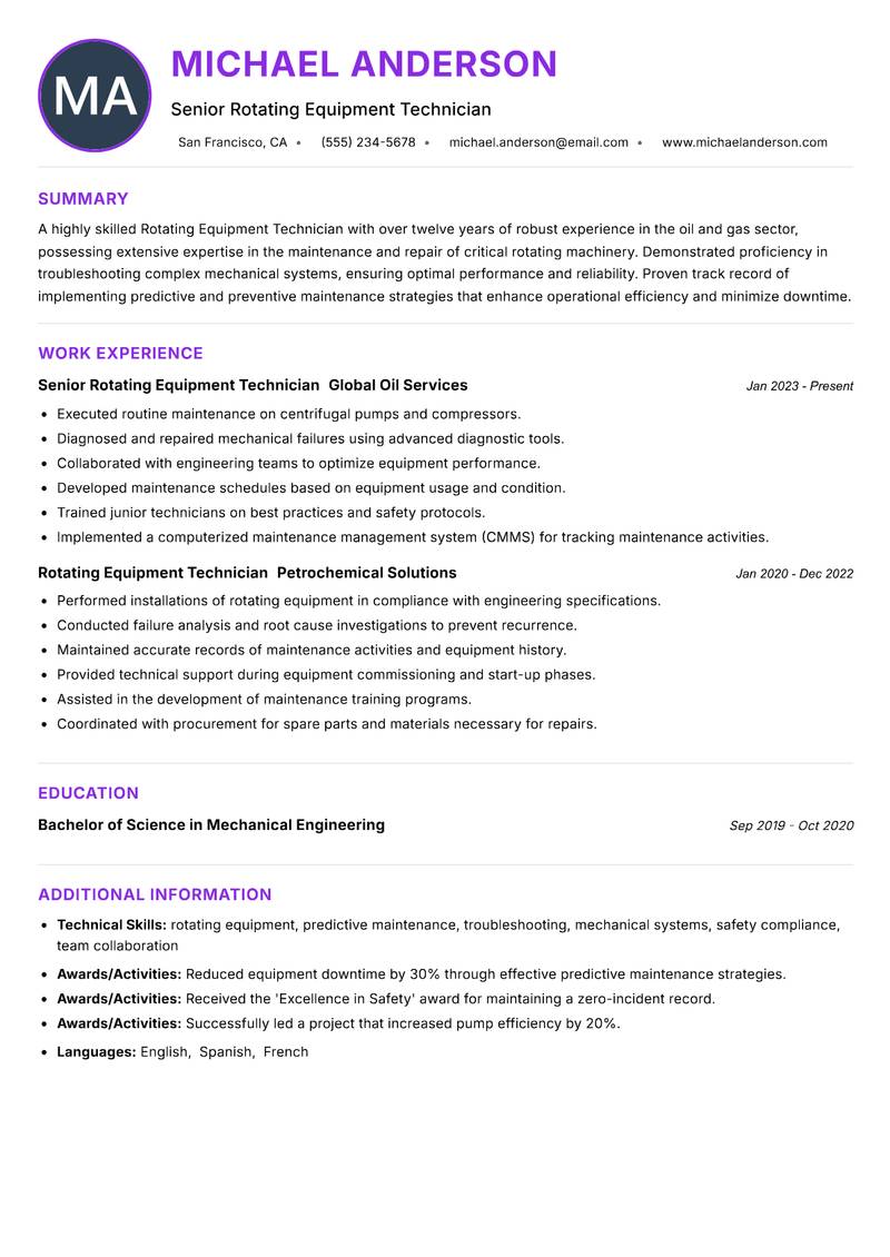 Rotating Equipment Technician Resume Preview Example