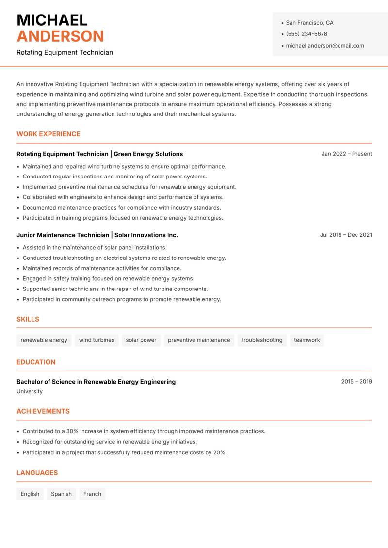 Rotating Equipment Technician Resume Template