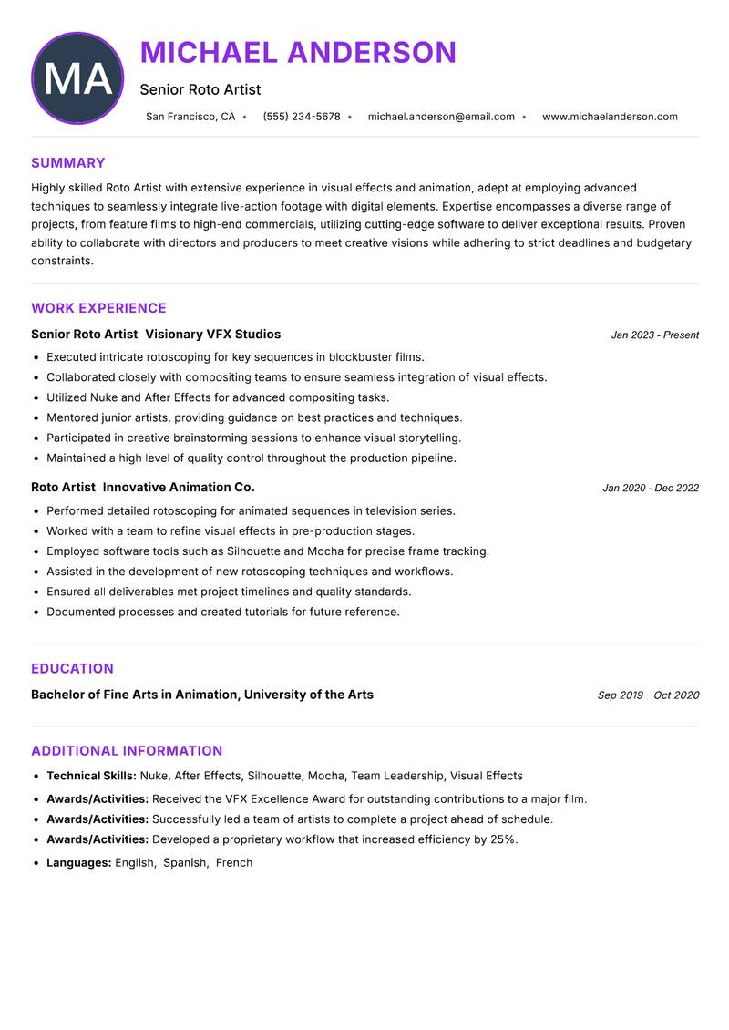 Roto Artist Resume Preview Example