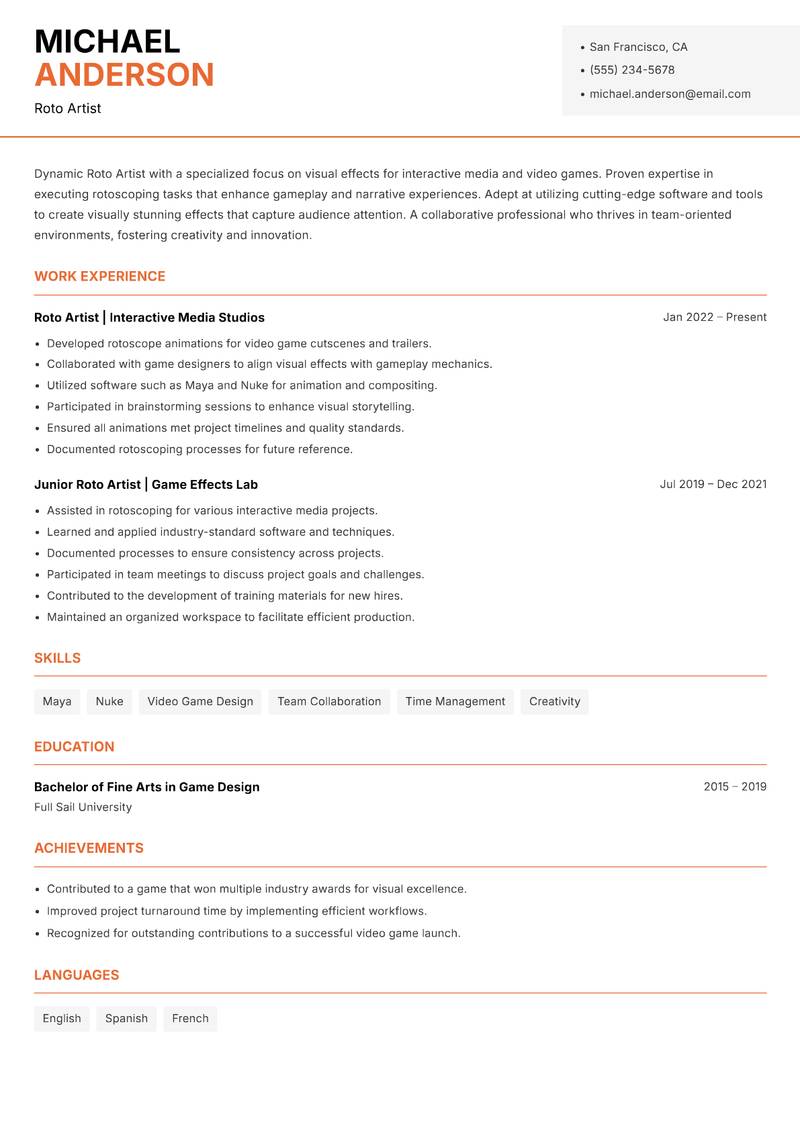 Roto Artist Resume Template