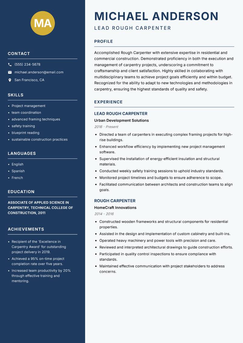 Rough Carpenter Resume Preview Example