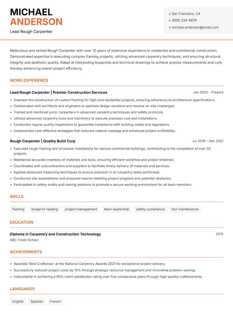 Rough Carpenter Resume Template