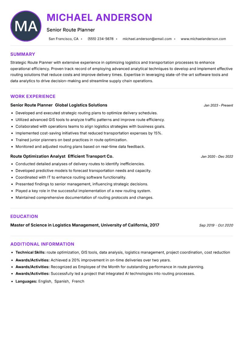 Route Planner Resume Preview Example