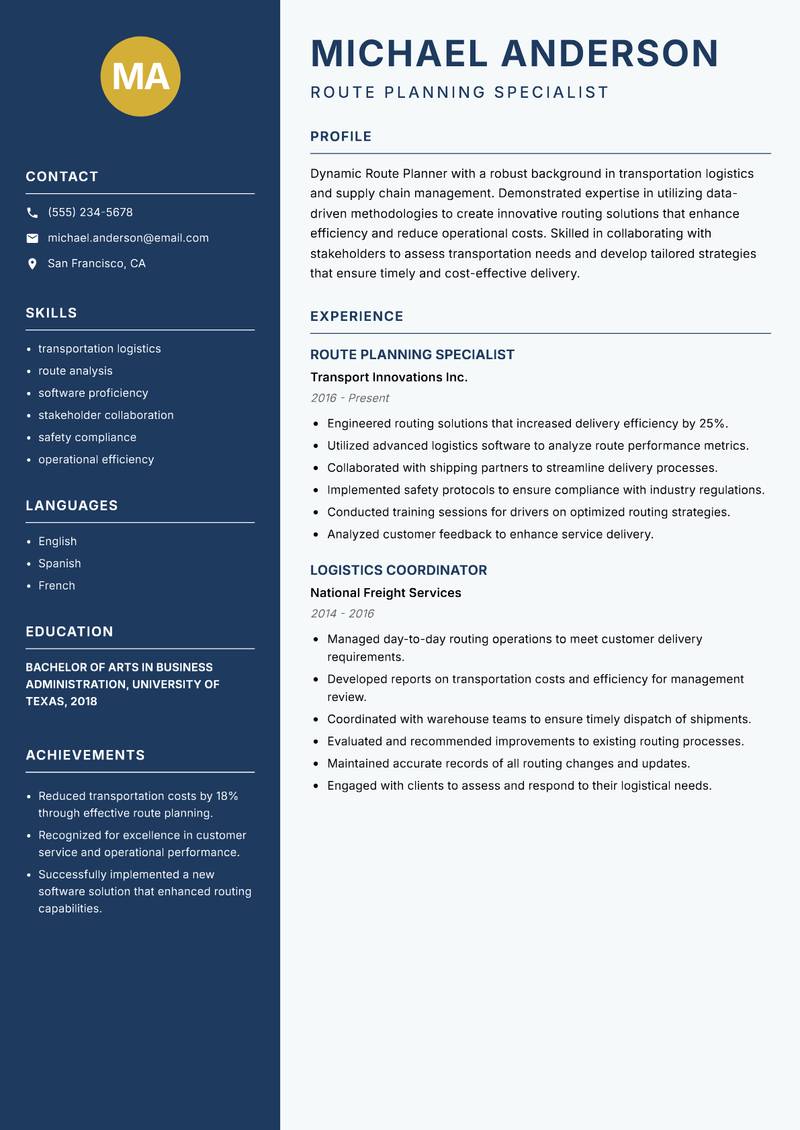 Route Planner Resume Preview Example