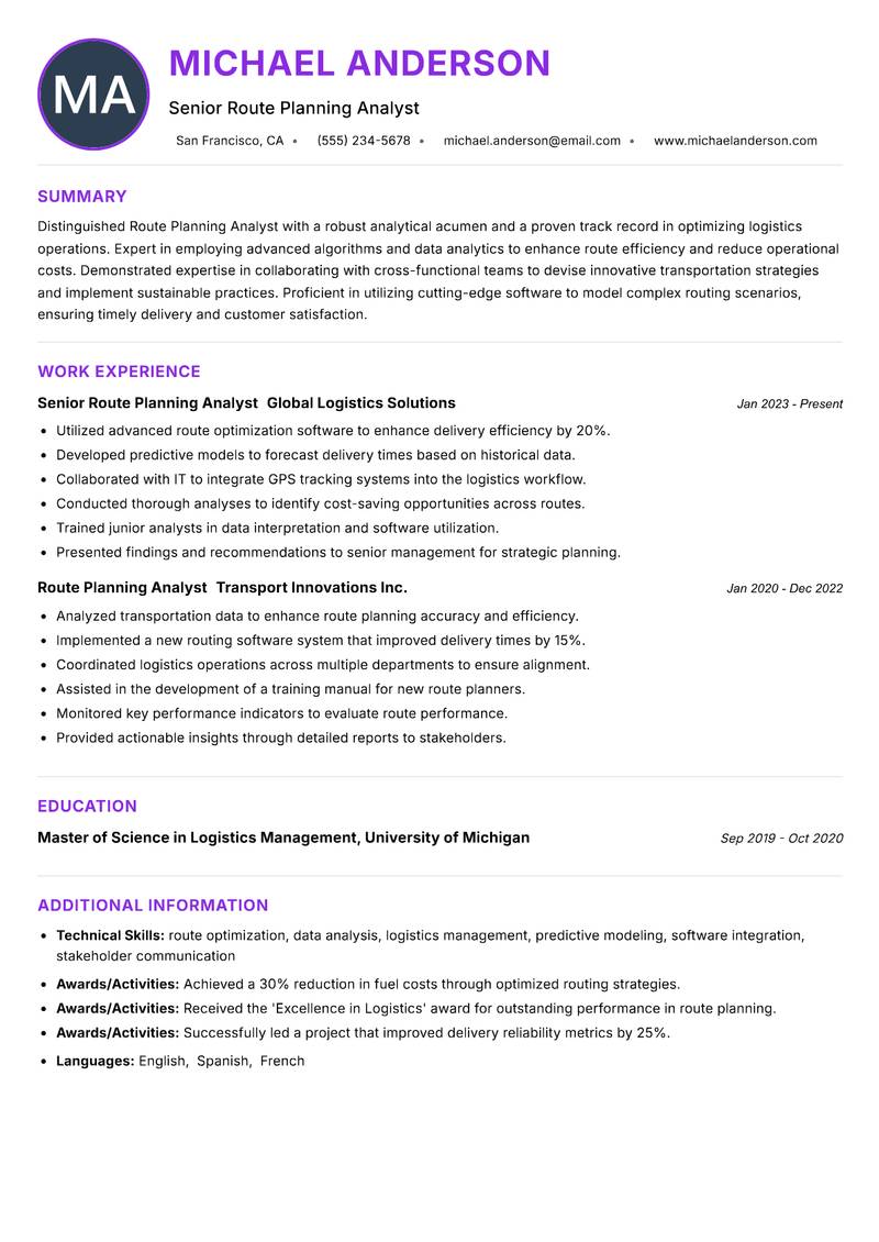 Route Planning Analyst Resume Preview Example