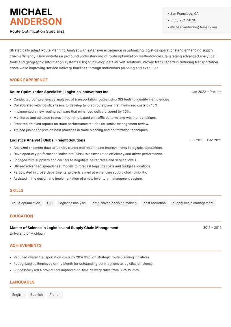 Route Planning Analyst Resume Template