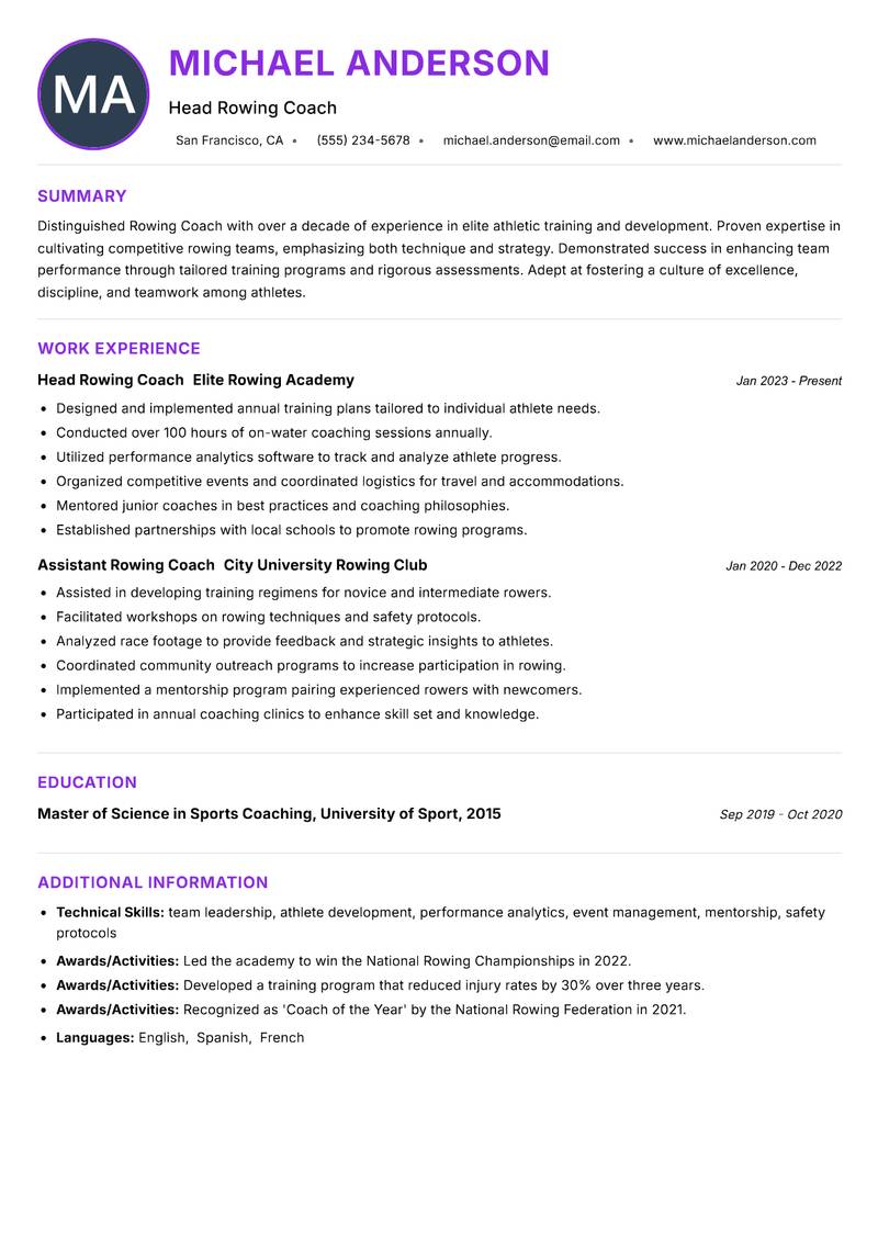Rowing Coach Resume Preview Example
