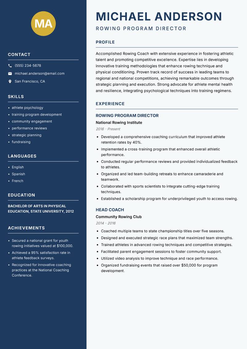 Rowing Coach Resume Preview Example