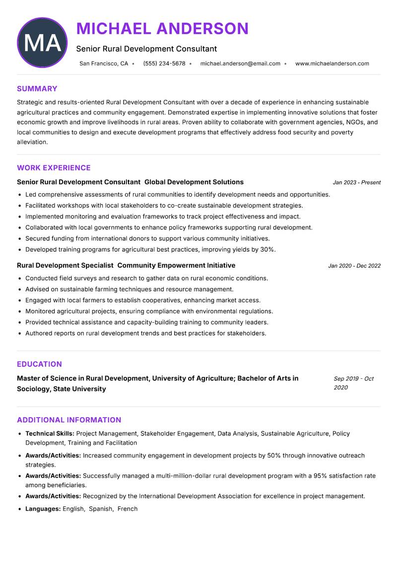 Rural Development Consultant Resume Preview Example