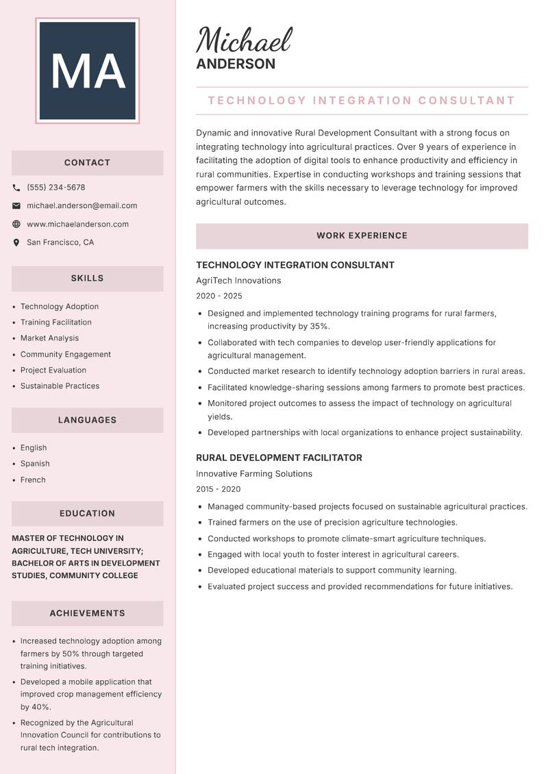Rural Development Consultant Resume Preview Example