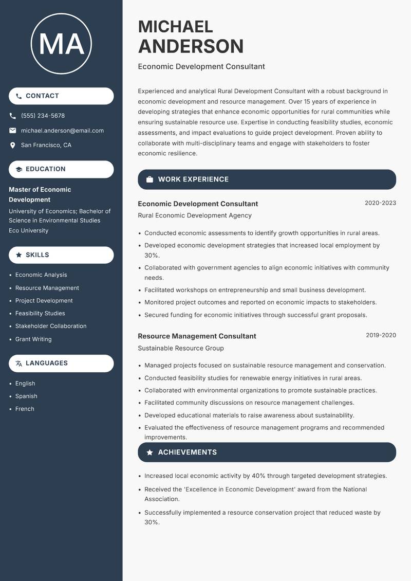 Rural Development Consultant Resume Preview Example