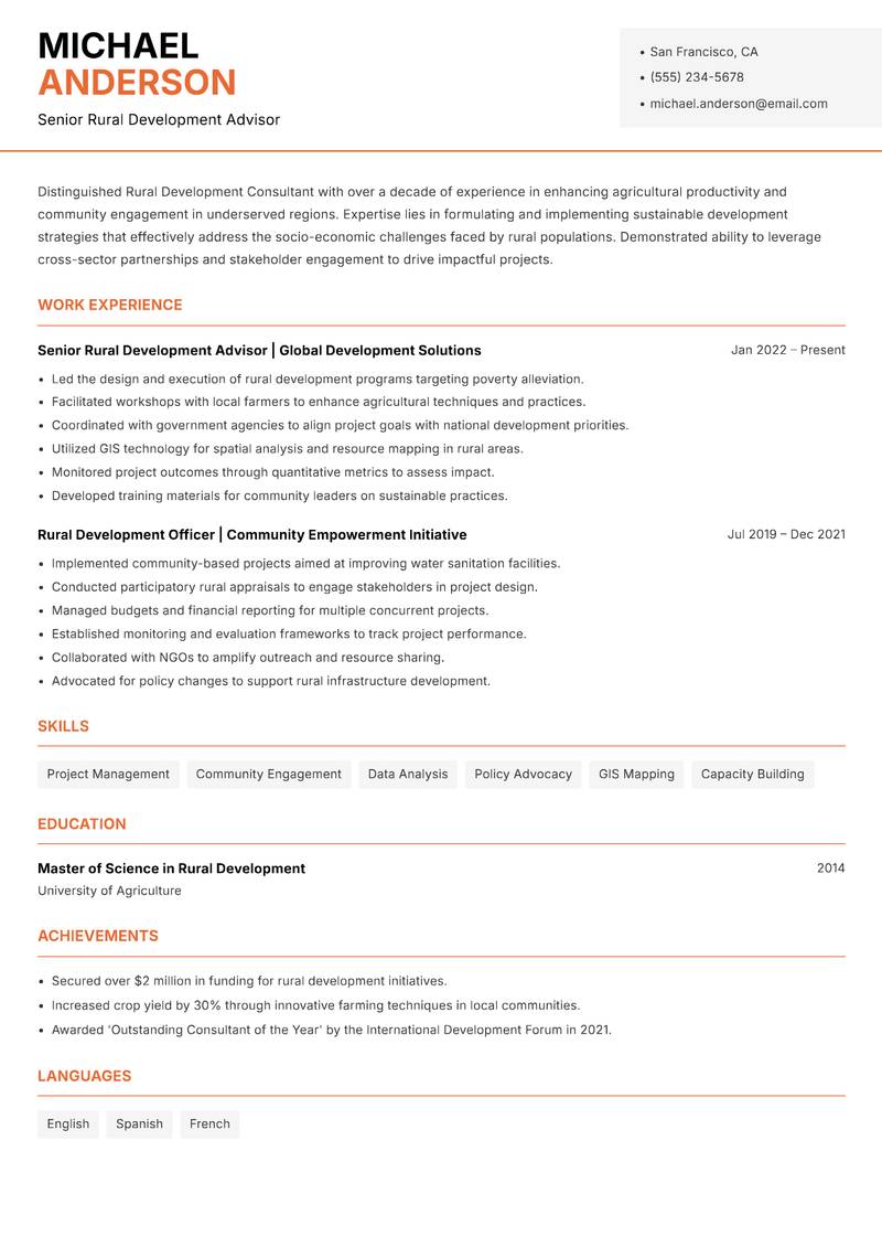 Rural Development Consultant Resume Template