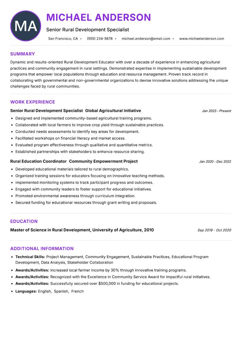 Rural Development Educator Resume Preview Example