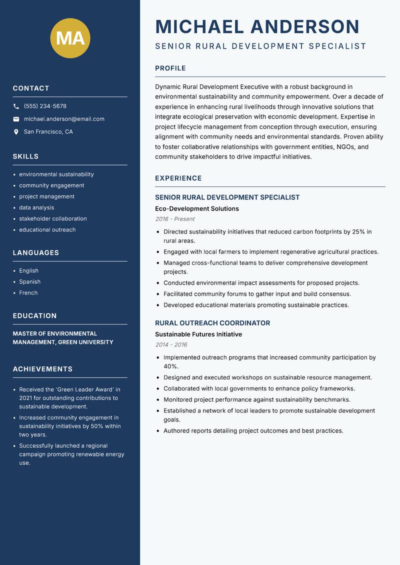 Rural Development Executive Resume Preview Example