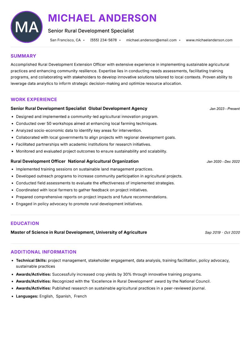 Rural Development Extension Officer Resume Preview Example