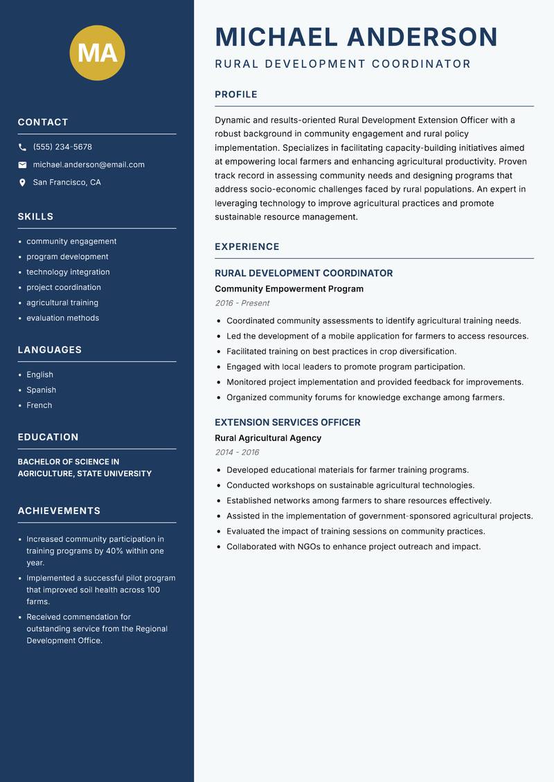 Rural Development Extension Officer Resume Preview Example
