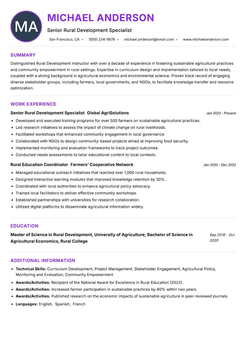 Rural Development Instructor Resume Preview Example