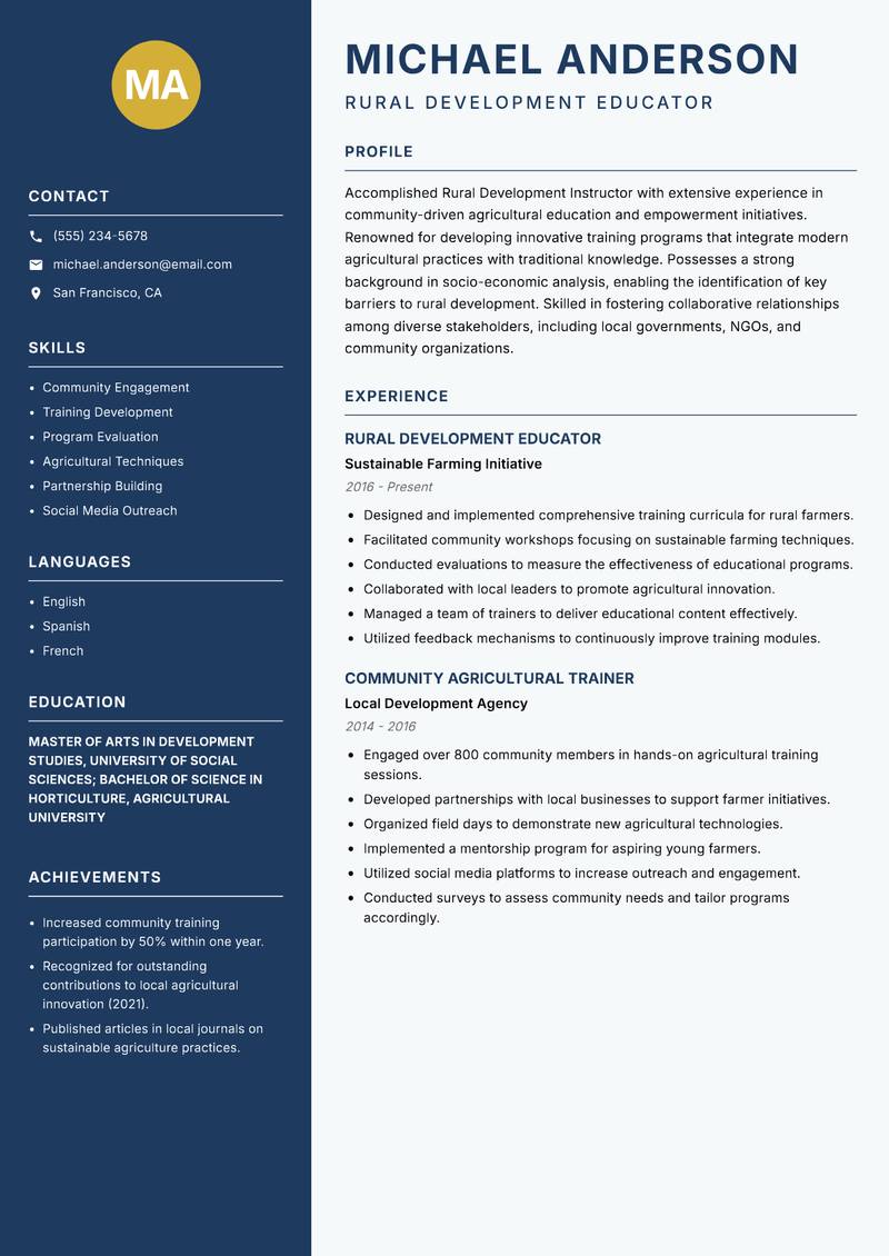 Rural Development Instructor Resume Preview Example