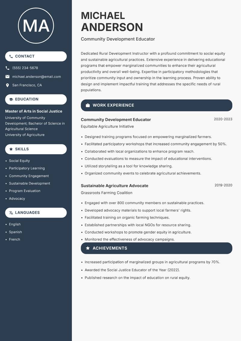 Rural Development Instructor Resume Preview Example