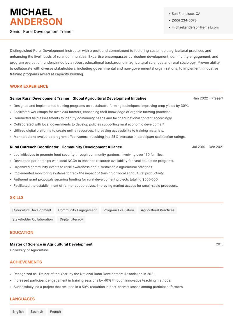 Rural Development Instructor Resume Template