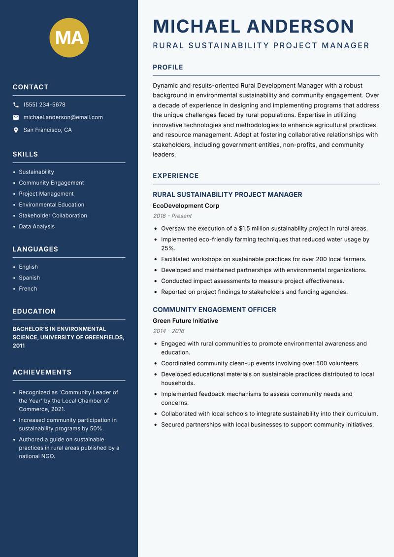 Rural Development Manager Resume Preview Example