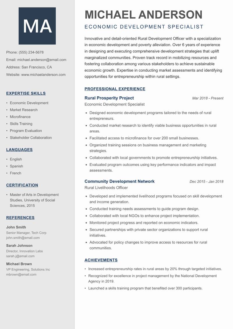 Rural Development Officer Resume Preview Example