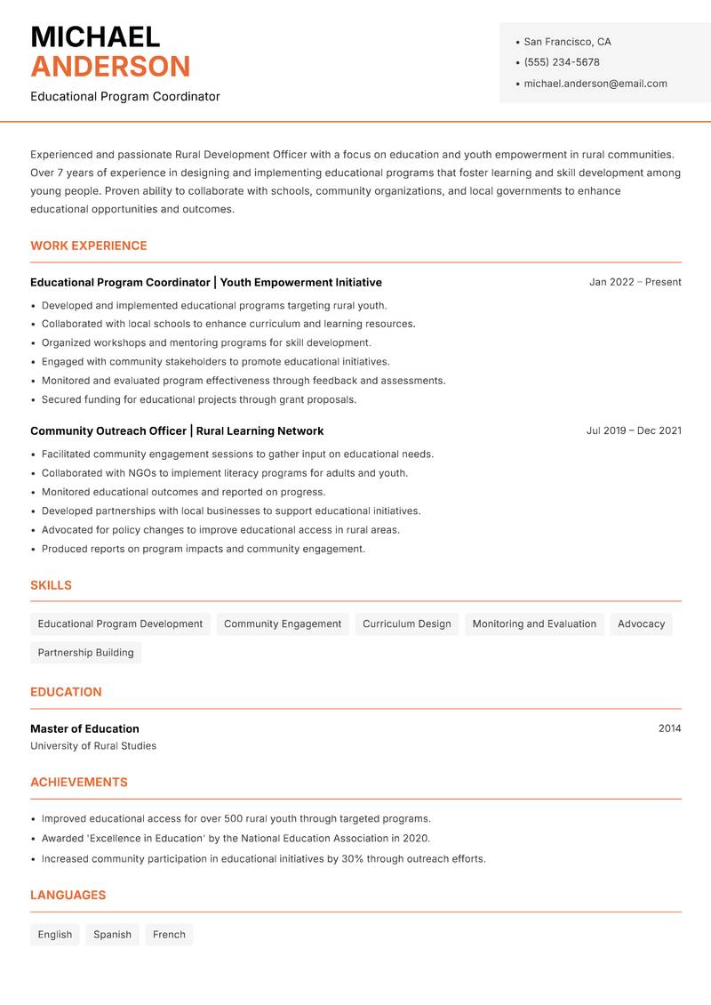 Rural Development Officer Resume Template