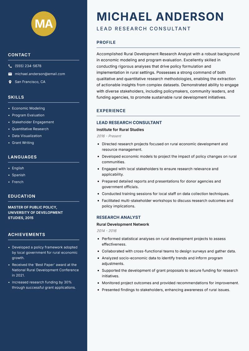 Rural Development Research Analyst Resume Preview Example