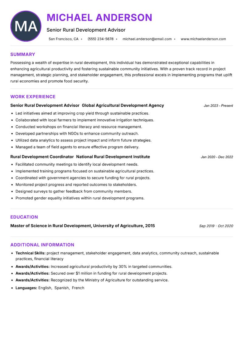 Rural Development Specialist Resume Preview Example