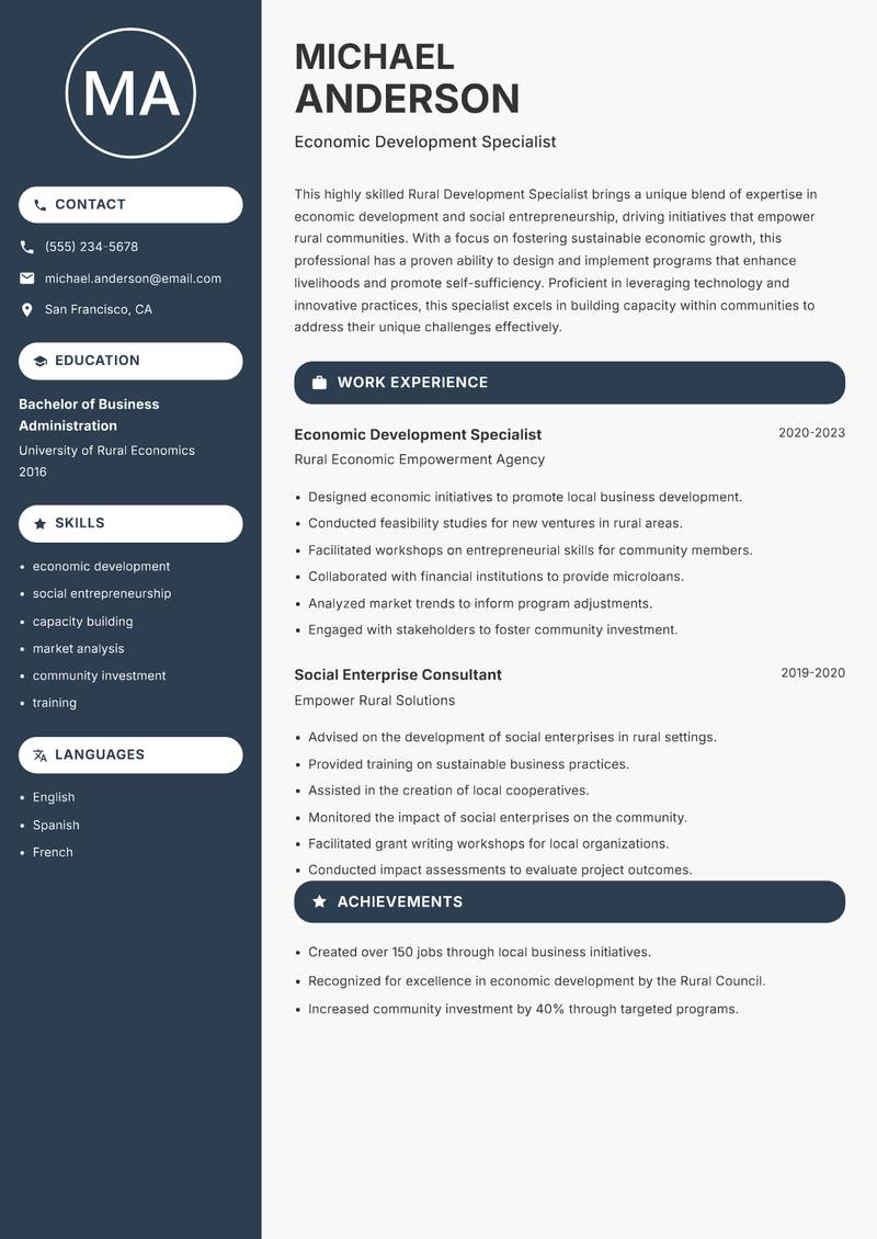 Rural Development Specialist Resume Preview Example
