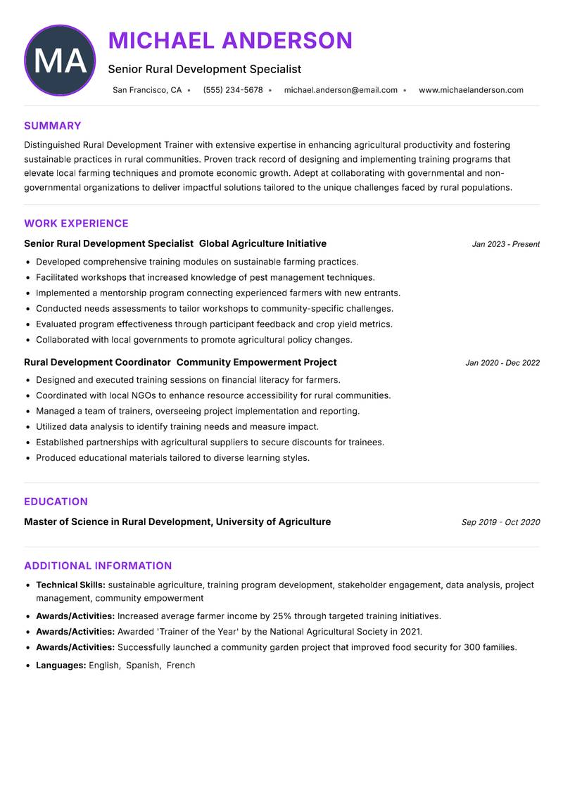 Rural Development Trainer Resume Preview Example