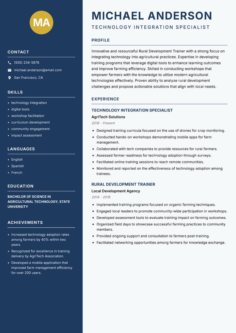Rural Development Trainer Resume Preview Example