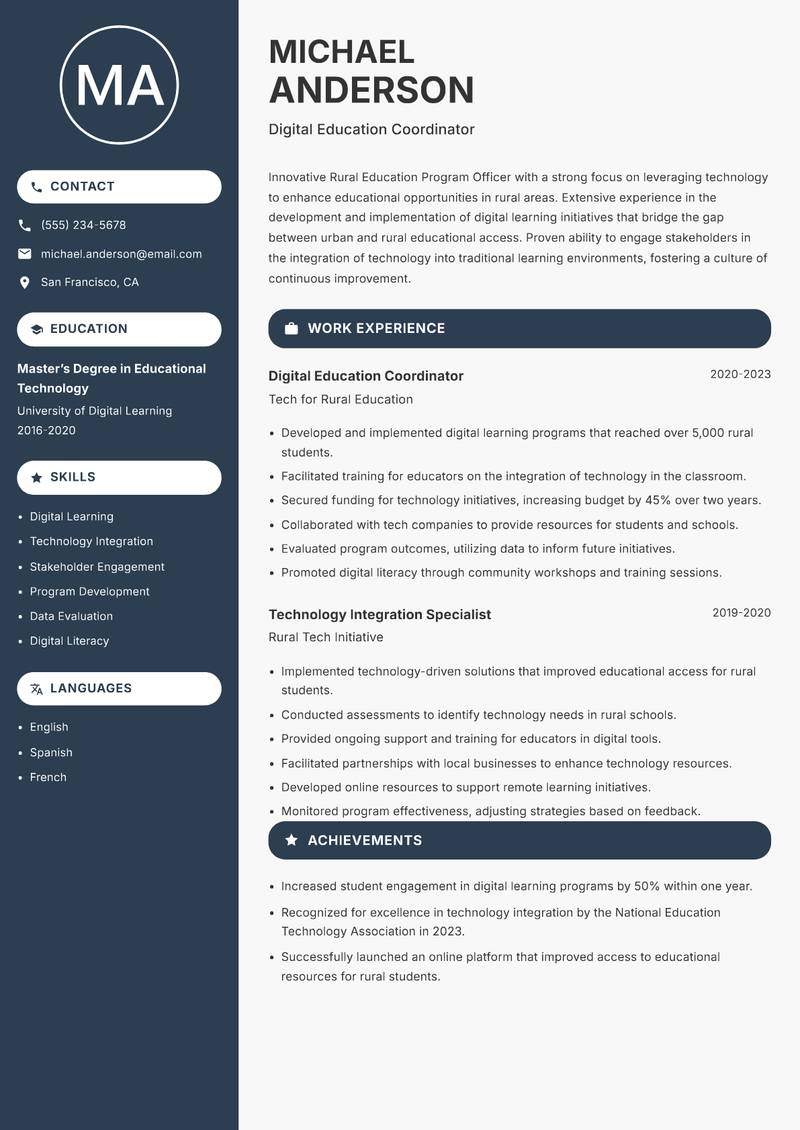 Rural Education Program Officer Resume Preview Example