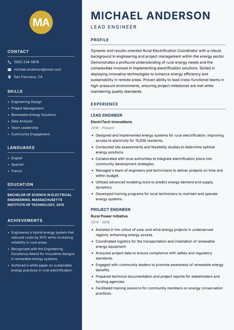 Rural Electrification Coordinator Resume Preview Example