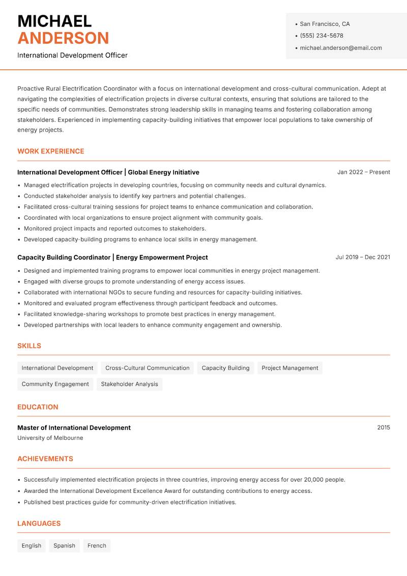 Rural Electrification Coordinator Resume Template
