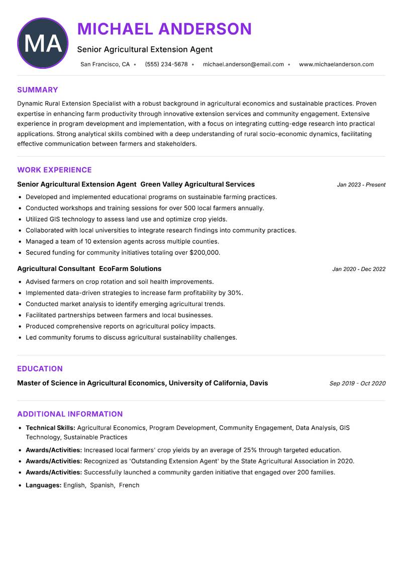 Rural Extension Specialist Resume Preview Example