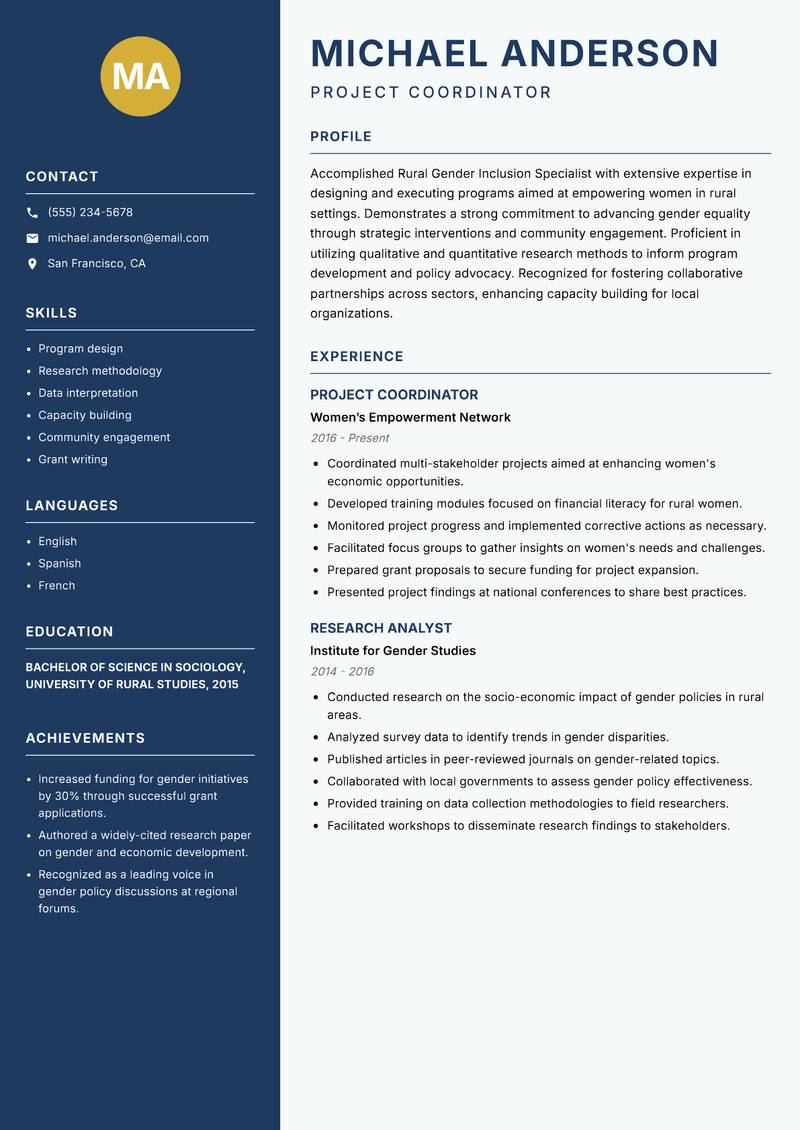 Rural Gender Inclusion Specialist Resume Preview Example
