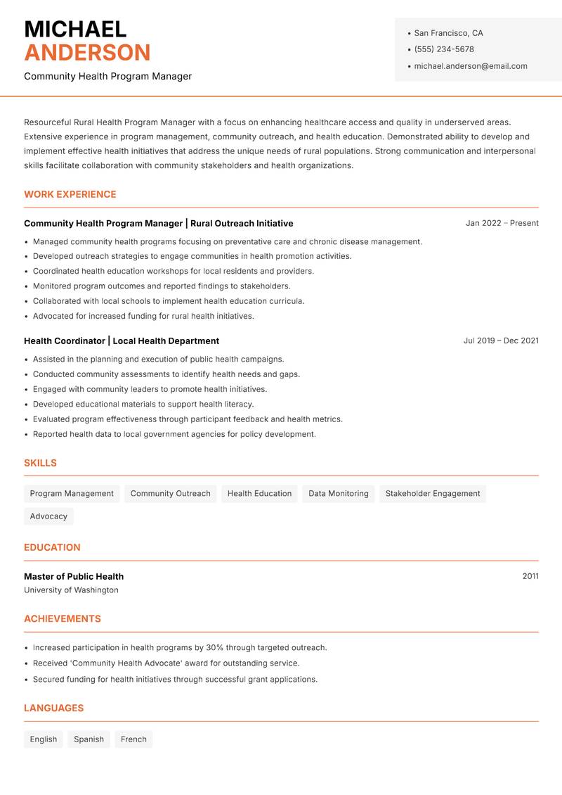 Rural Health Program Manager Resume Template