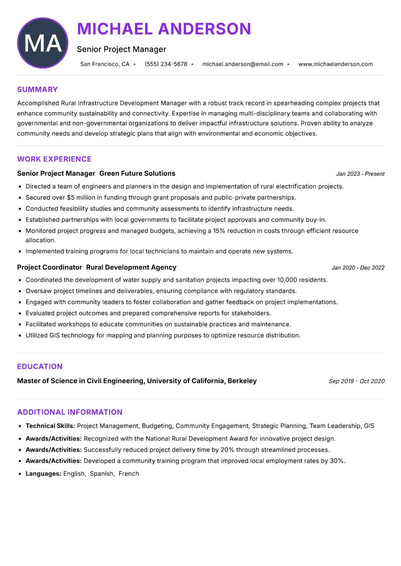 Rural Infrastructure Development Manager Resume Preview Example