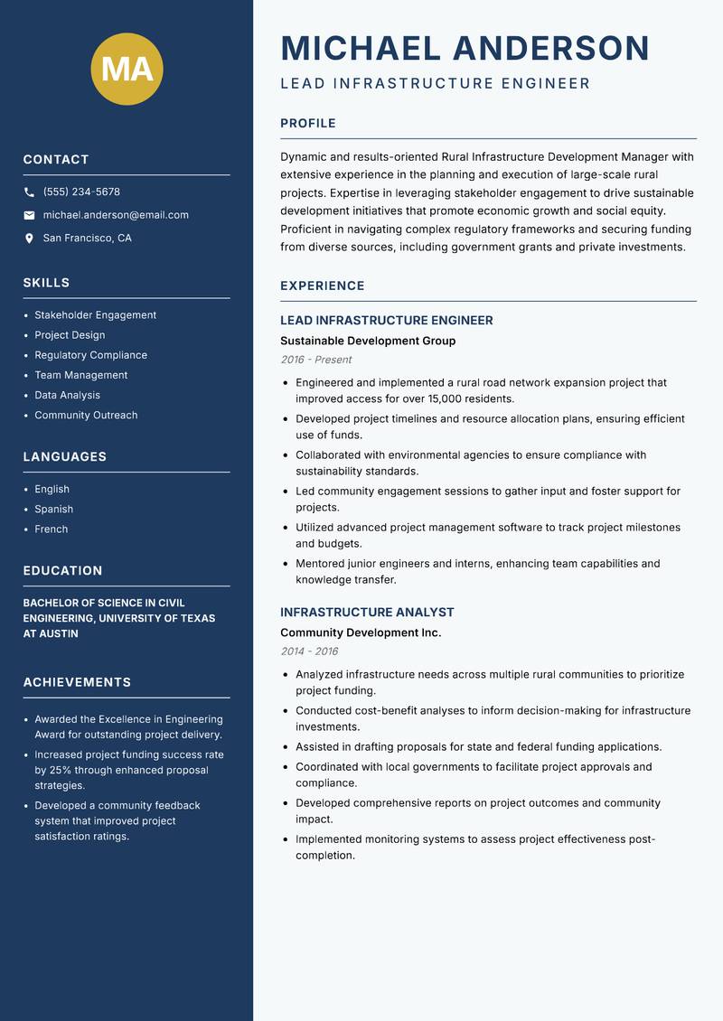 Rural Infrastructure Development Manager Resume Preview Example
