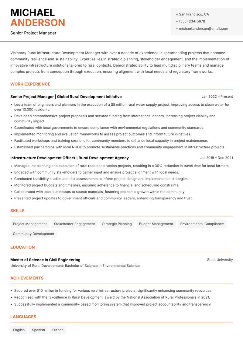 Rural Infrastructure Development Manager Resume Template