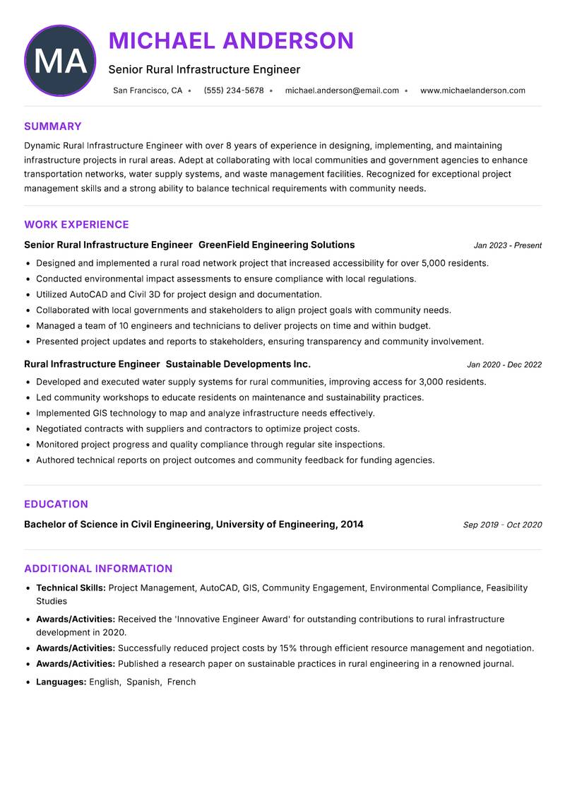 Rural Infrastructure Engineer Resume Preview Example